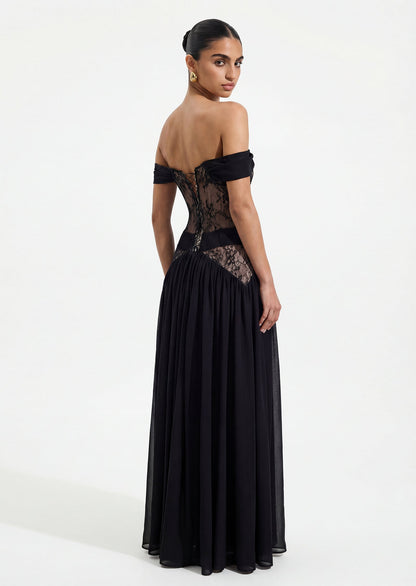 Off Shoulder Lace Panel Inserts Draped Maxi Dress