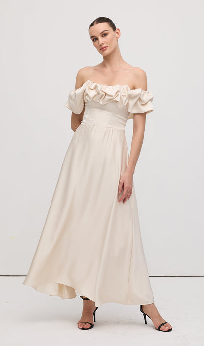 Off Shoulder Ruffle Satin Midi Dress
