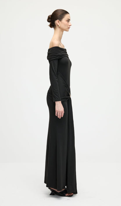 Off Shoulder Ruffle Maxi Dress In Black