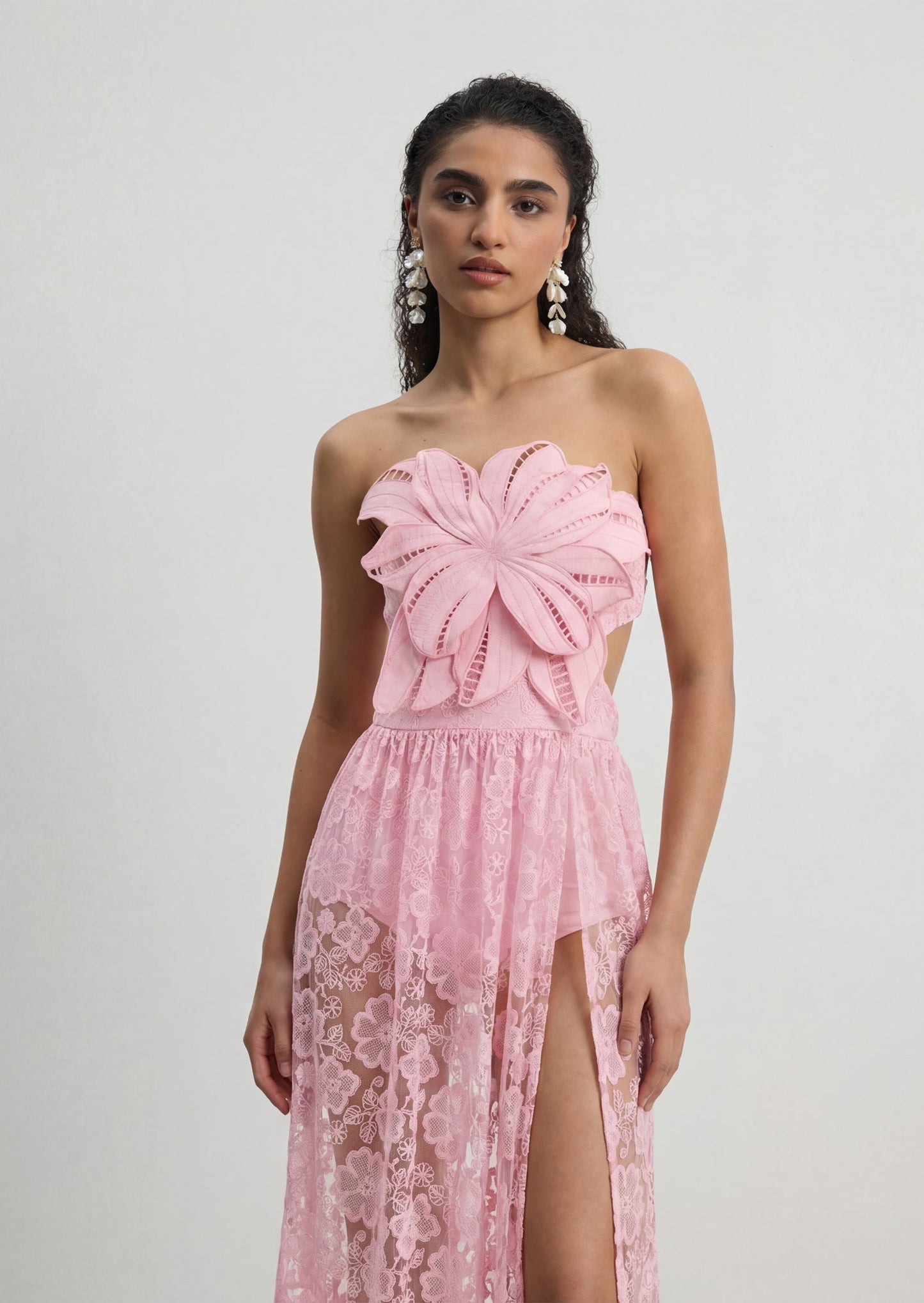 Embroidered Tulle Slit Maxi Dress In Pink