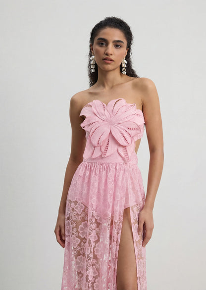 Embroidered Tulle Slit Maxi Dress In Pink