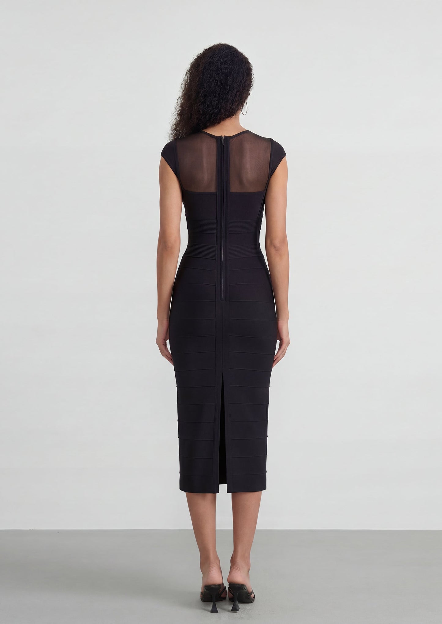 Herve Cap Sleeve Mesh Insert Midi Dress