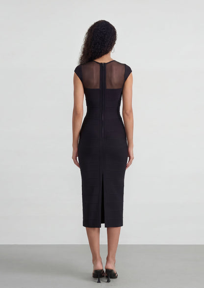 Herve Cap Sleeve Mesh Insert Midi Dress