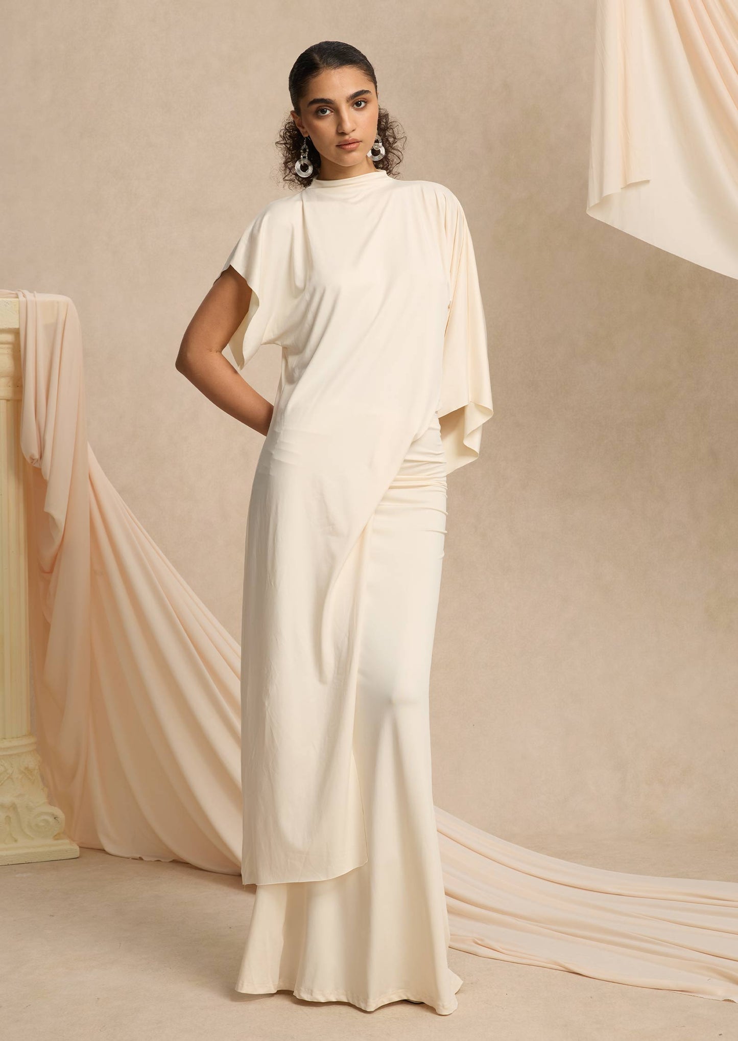 Asymmetrical Blouse & Maxi Skirt With Draped Set