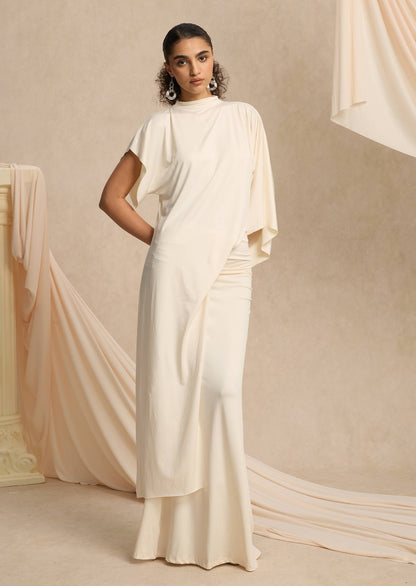 Asymmetrical Blouse & Maxi Skirt With Draped Set