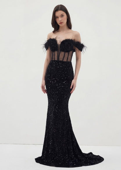 Sparkle Embroidered Feather Bustier Maxi Dress