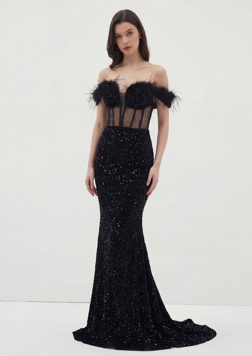 Sparkle Embroidered Feather Bustier Maxi Dress