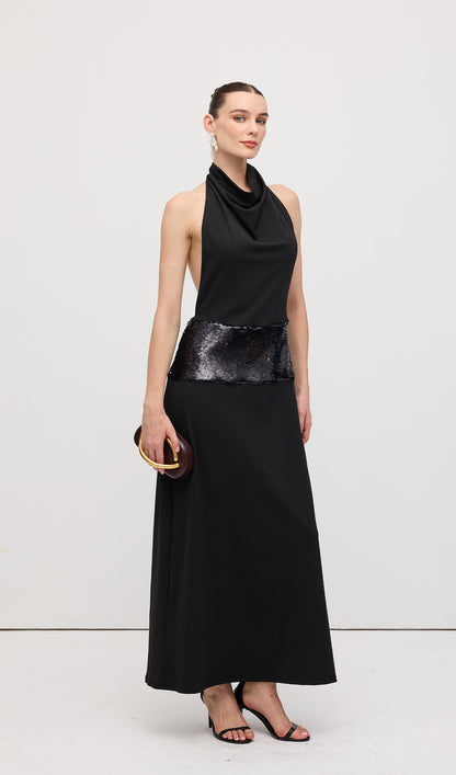 Draped Cowl Neck Open Back Maxi Dress