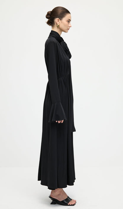 Flower V-Neck Pleated Slit Maxi Dress In Black
