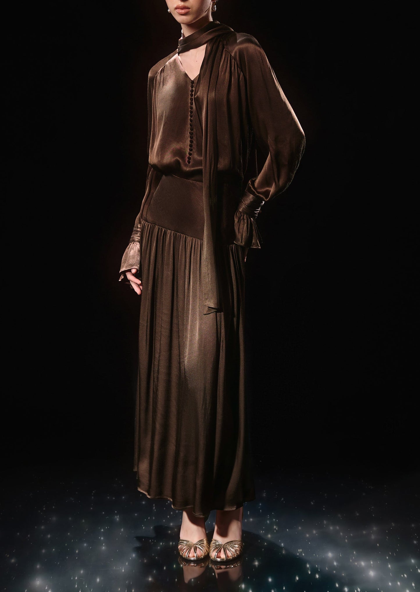 Viscose Midi Dress With Matching Ribbon Scarf In Brown