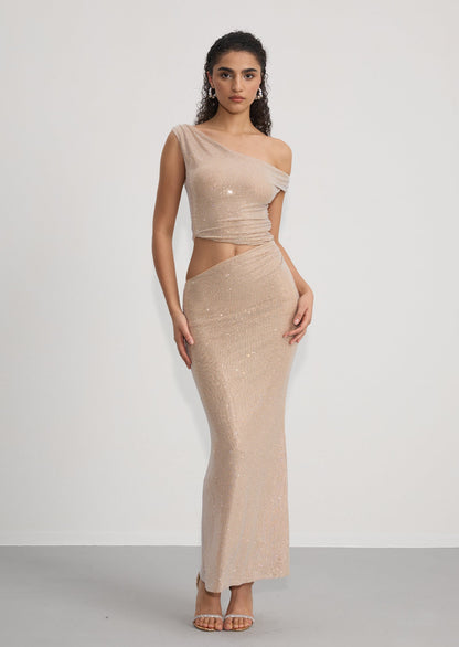 Diamante One Shoulder Maxi Dress In Gold