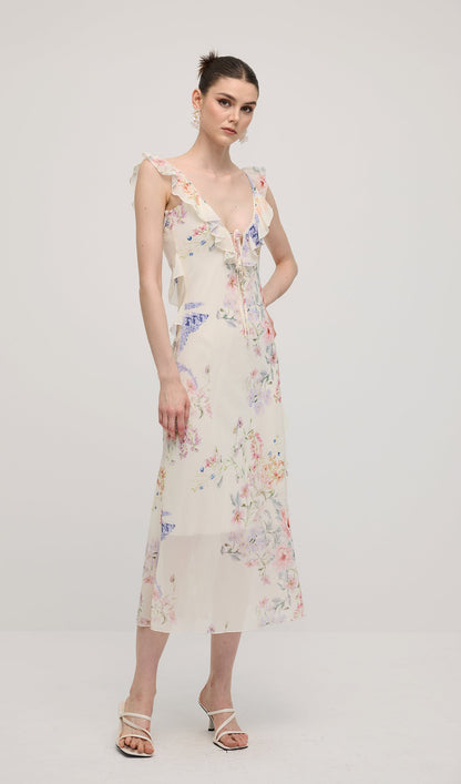 Floral V Neck Ruffled Midi Dress