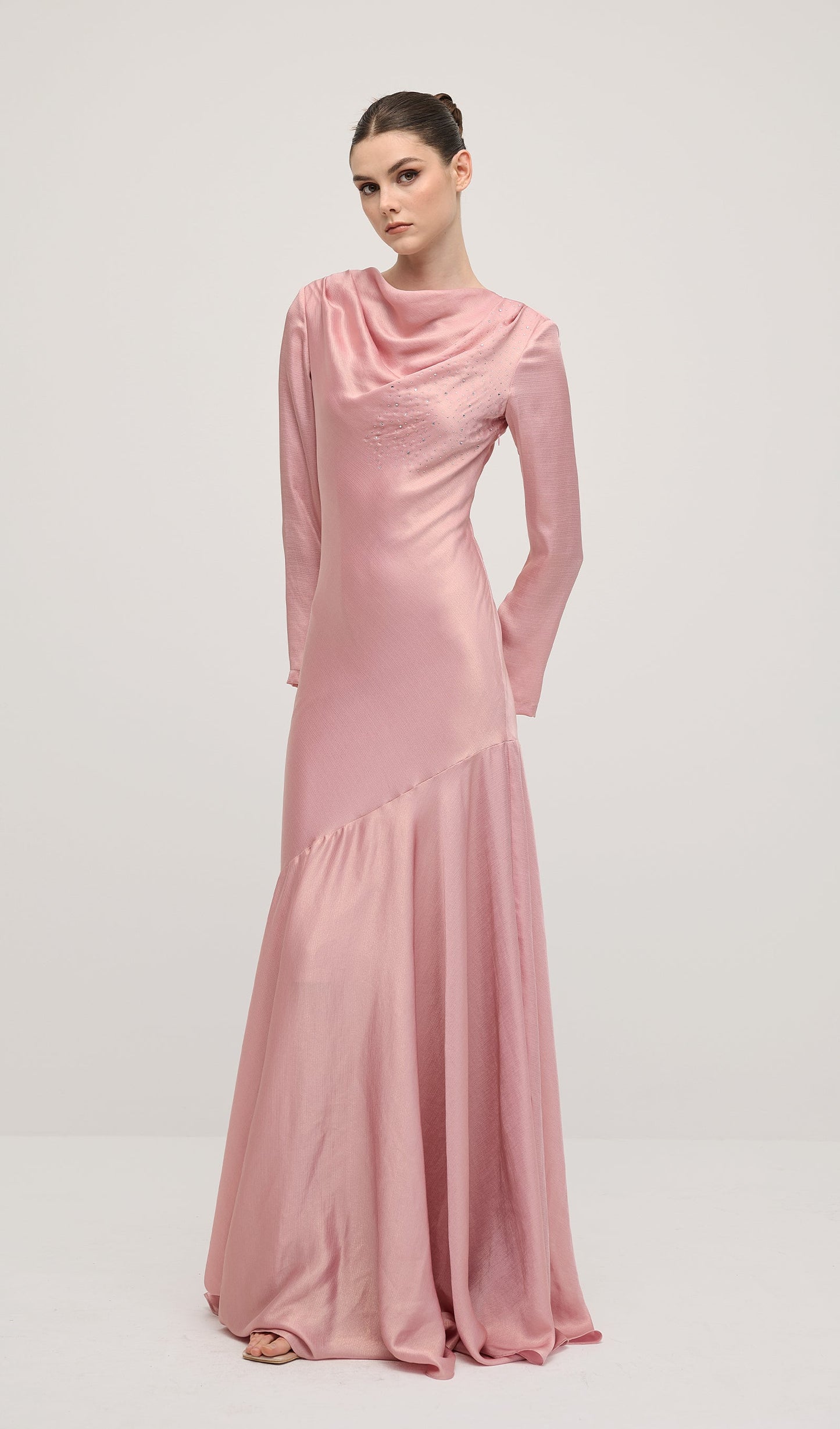 Fitted Satin With Rhinestones Maxi Dress In Pink