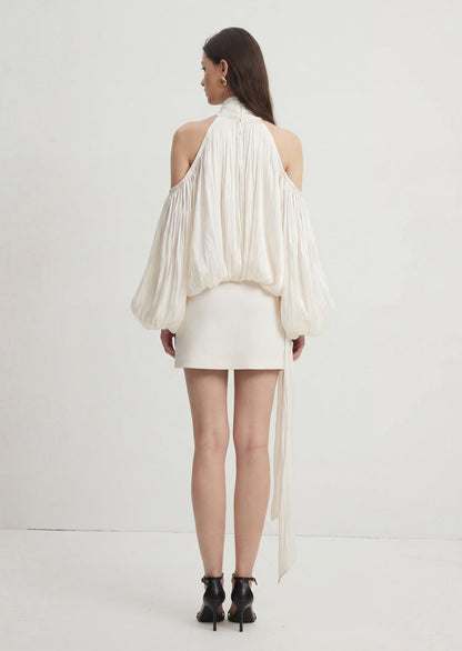 Puff Sleeves Pleated Shirt & Skirt Set