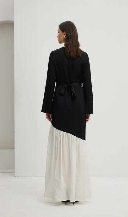 Asymmetrical Black/White Colorblock Maxi Dress