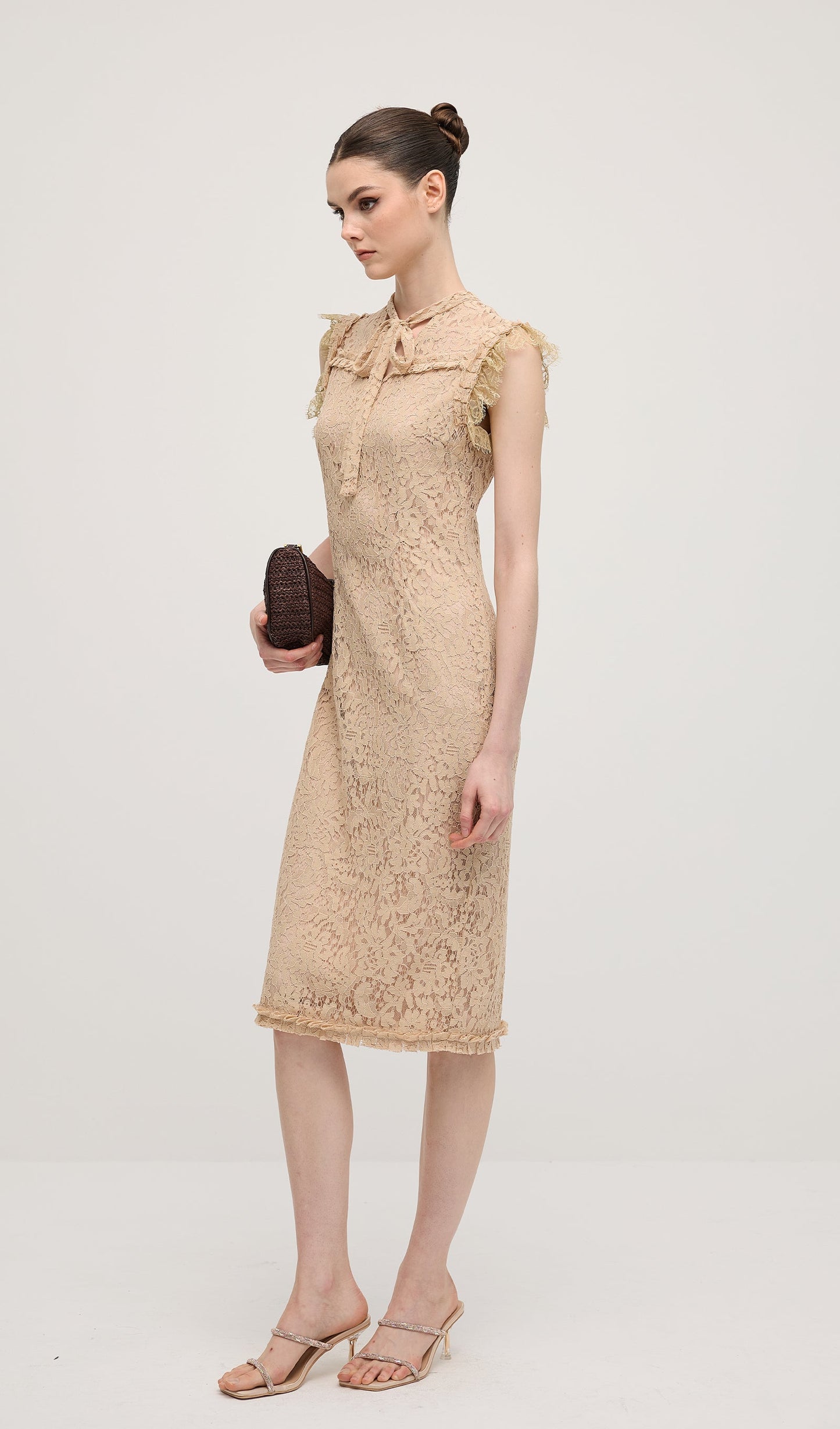Vintage Embroidered Ruffled Lace Midi Dress