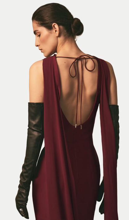 Draped Neckline Maxi Dress With Ribbons