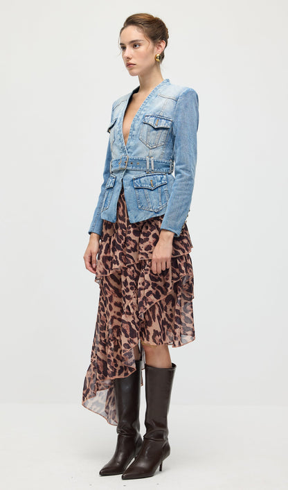 Solid V Neck Blue Denim Jacket With Belt
