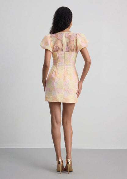 Zaria Floral Puff Sleeve Mini Dress In Yellow
