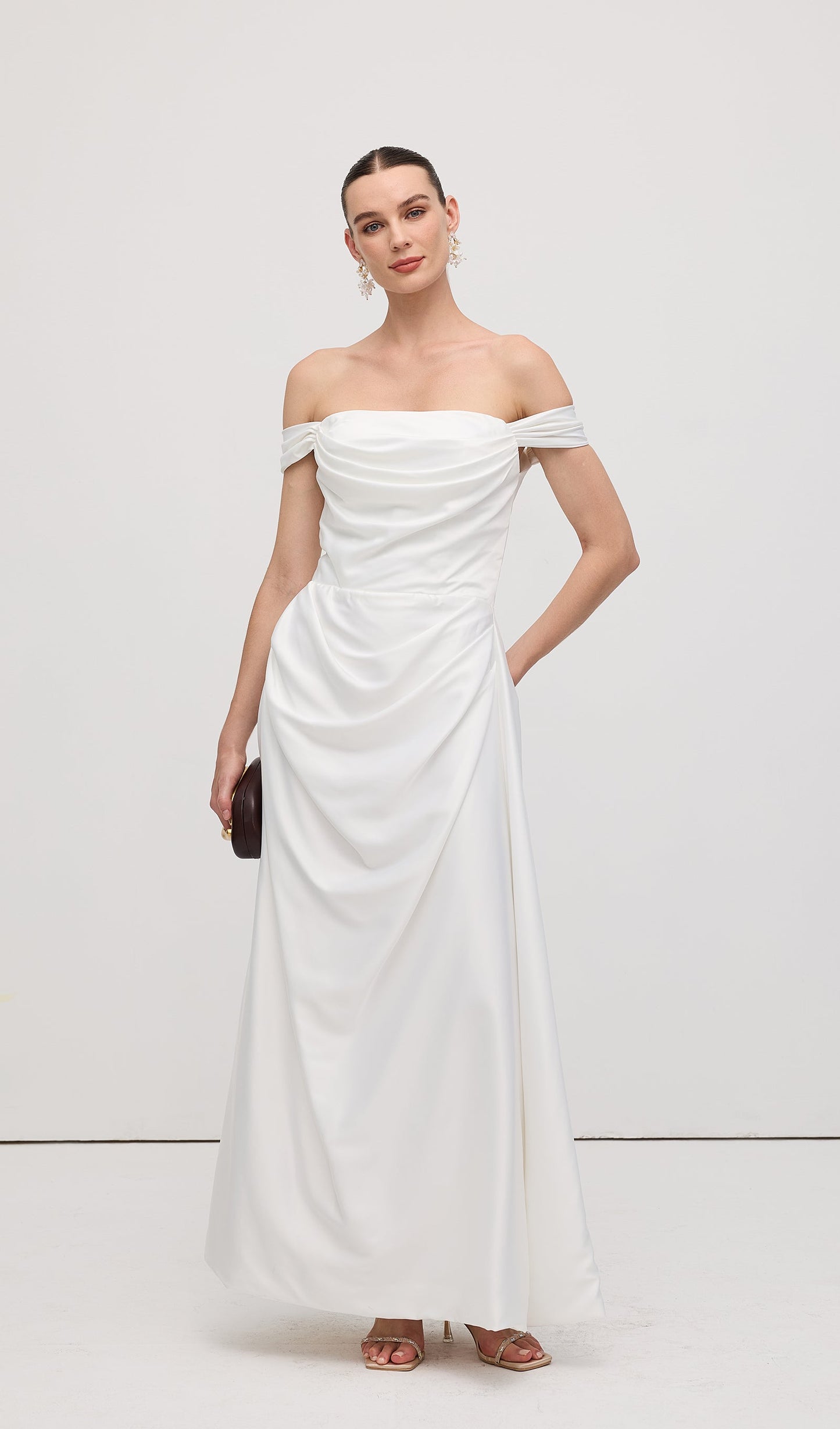 Off Shoulder Satin Maxi Dress