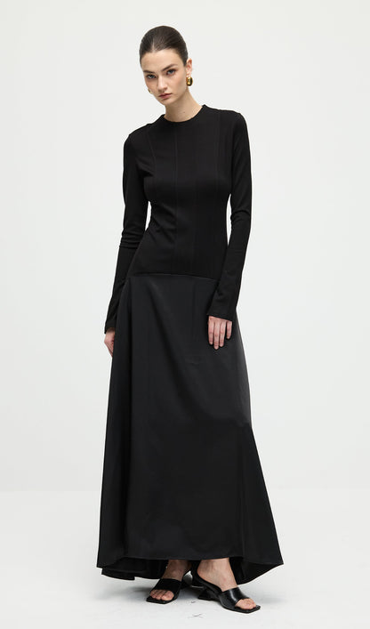 Knitted Satin Maxi Dress In Black