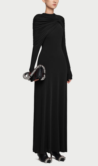 Asymmetrical Form Fitting Maxi Dress In Black