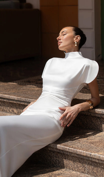 Satin High-Neck Puff Sleeve Maxi Dress