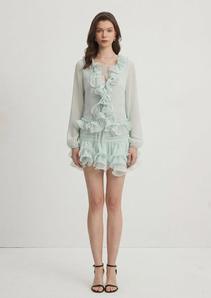 Flounced Chiffon Blouse & Skirt Two Piece Set