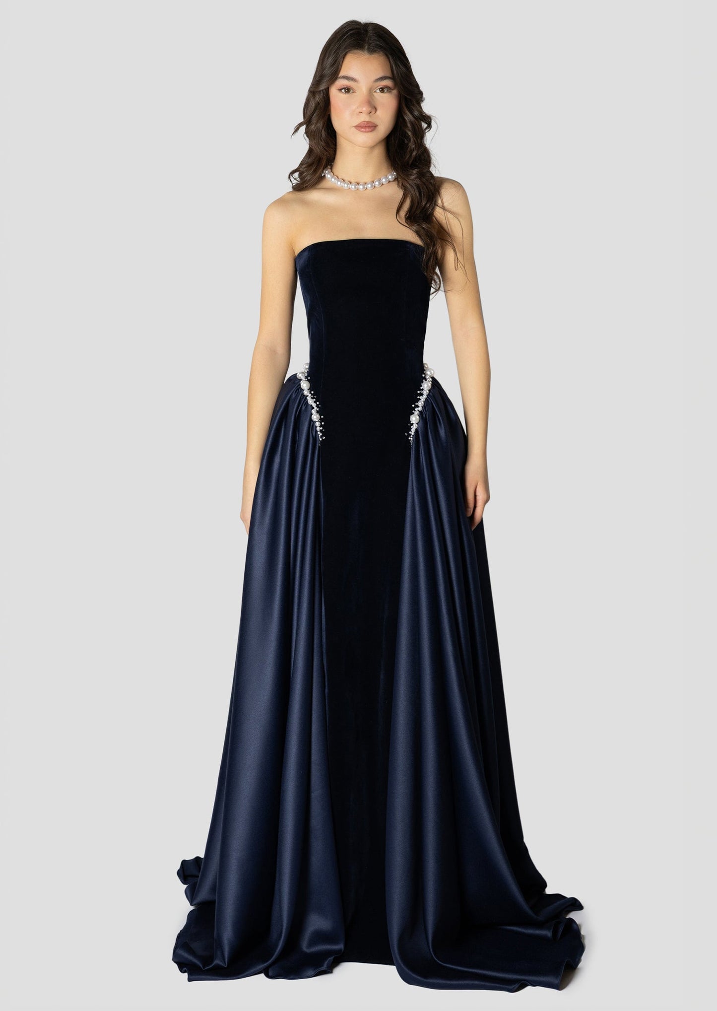 Dark Blue And Pearls Embroidered Dress