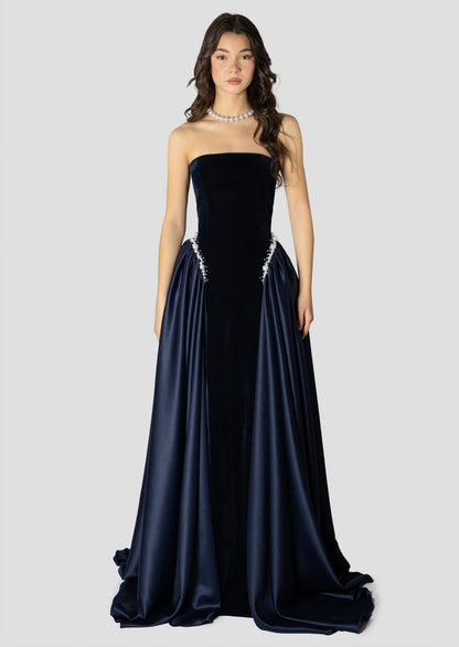 Dark Blue And Pearls Embroidered Dress