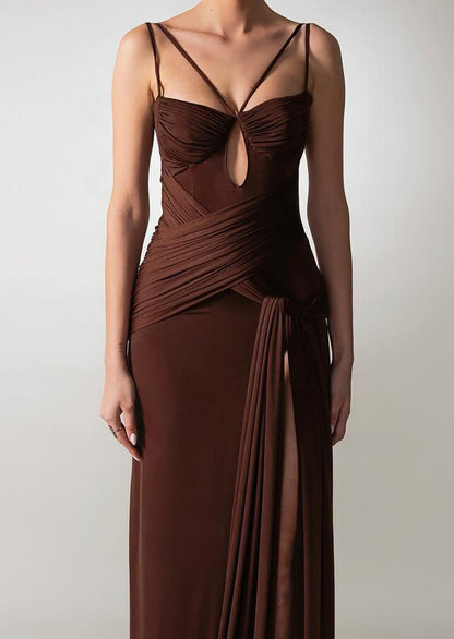 Ruched Draped Cut-Out Split Maxi Dress