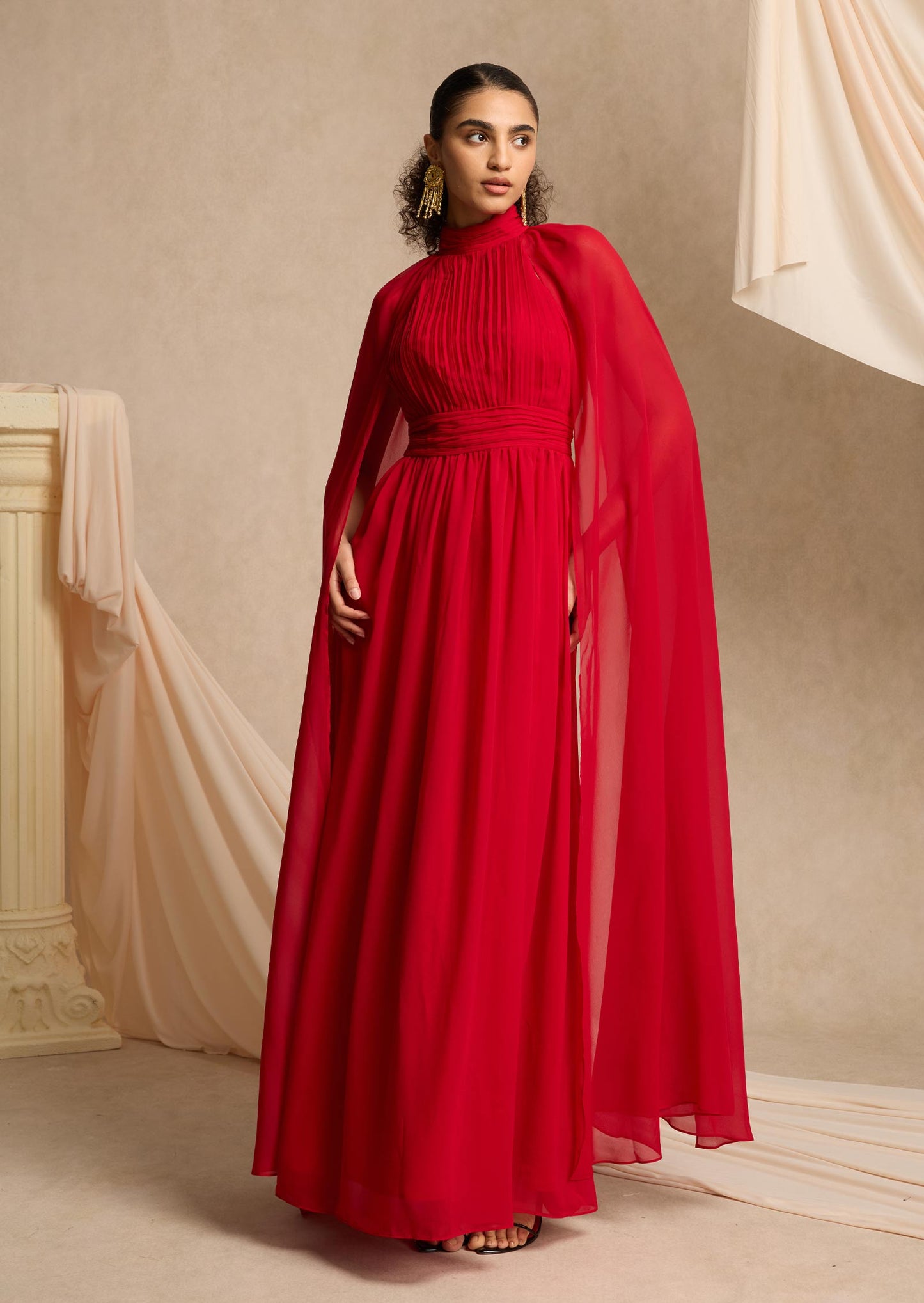Layali Rose Cape Effect Gathered Chiffon Gown