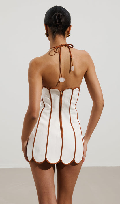 Solid Scalloped Linen Halter Mini Dress