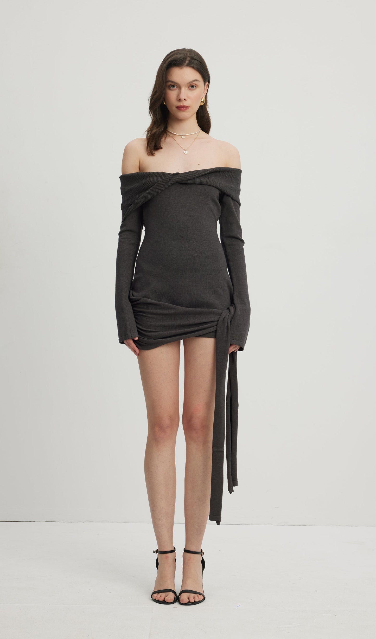 Off Shoulder Tie Knit Mini Dress