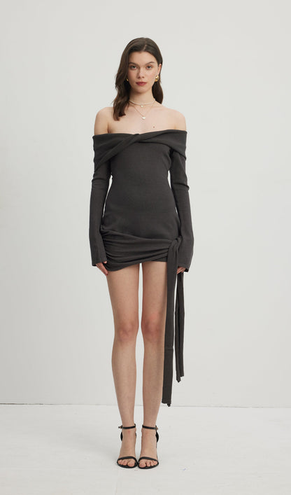 Off Shoulder Tie Knit Mini Dress