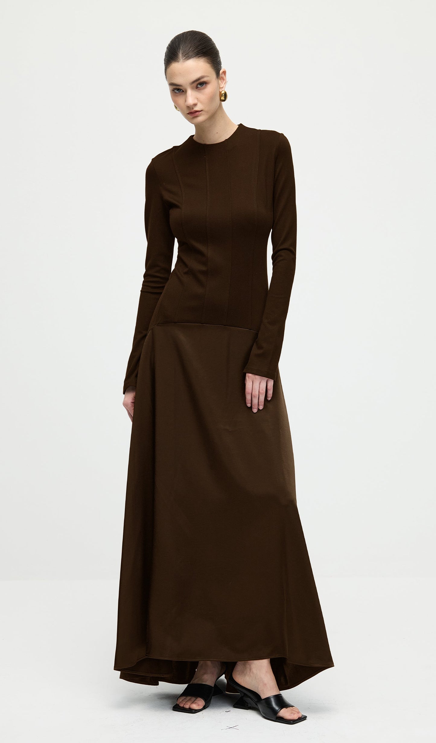 Knitted Satin Maxi Dress In Coffee