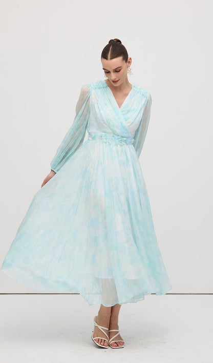 V Neck Ruched Waist Pleated Midi Dress