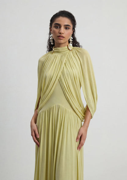Cape Design Mesh Maxi Dress In Green