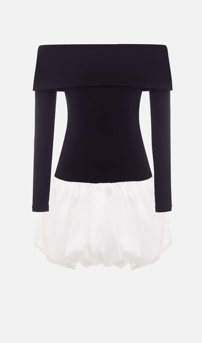 Open Shoulders Balloon Mini Dress-White