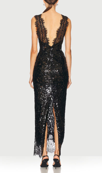 V Neck Lace-Trimmed Sequined Midi Dress Black