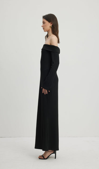 Maida Folded Neckline Maxi Dress Black