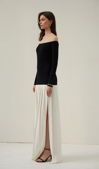 Contrast Knit Off Shoulder Maxi Dress