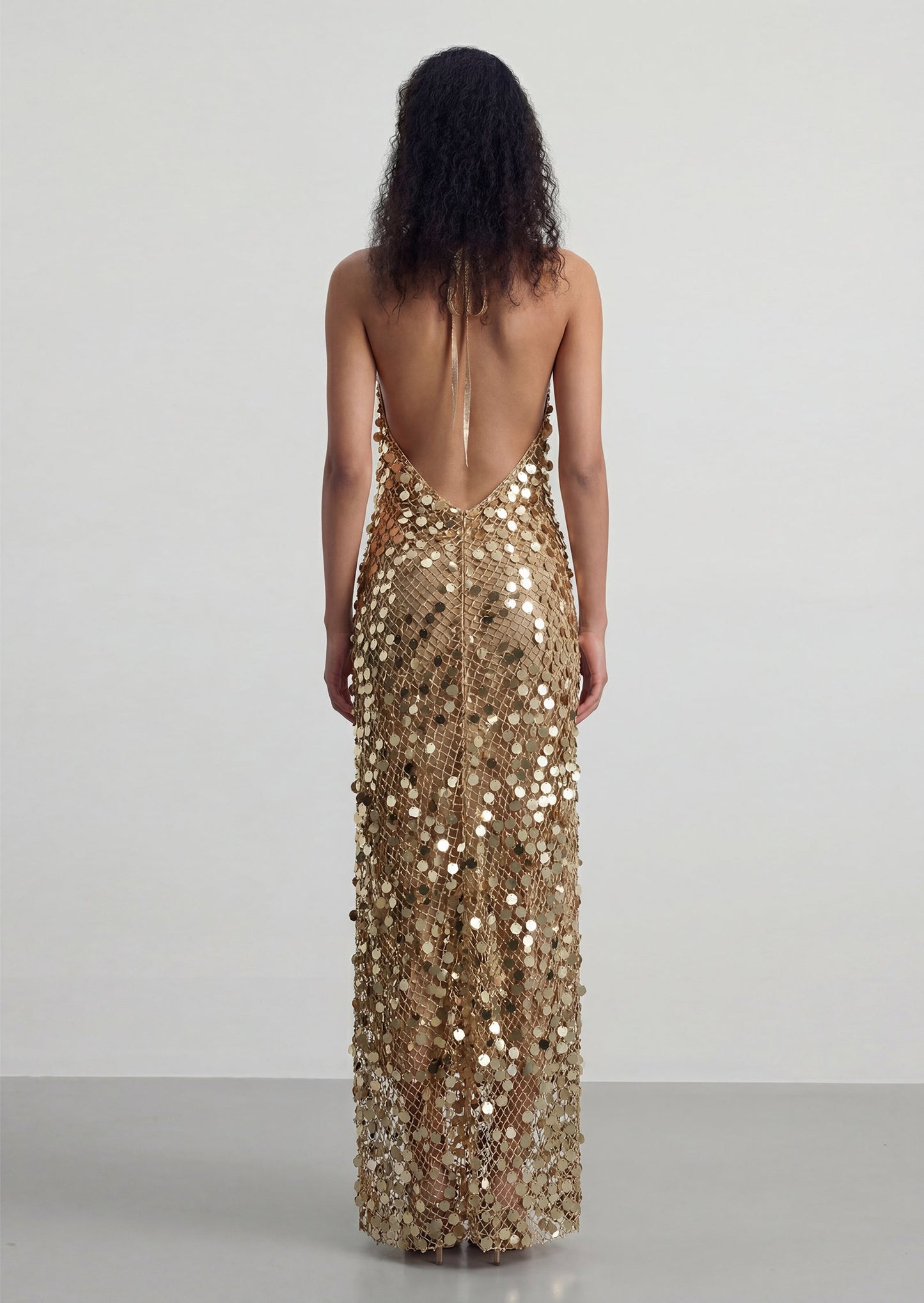 Halter Sequin Fishnet Maxi Dress In Gold