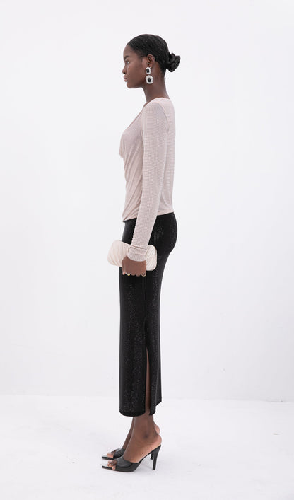 Black Tone Beaded Midi Skirt