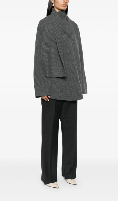 Ribbed-Knit Wool Scarf Sweater In Deep Grey