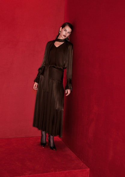 Viscose Midi Dress With Matching Ribbon Scarf In Brown