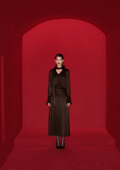 Viscose Midi Dress With Matching Ribbon Scarf In Brown