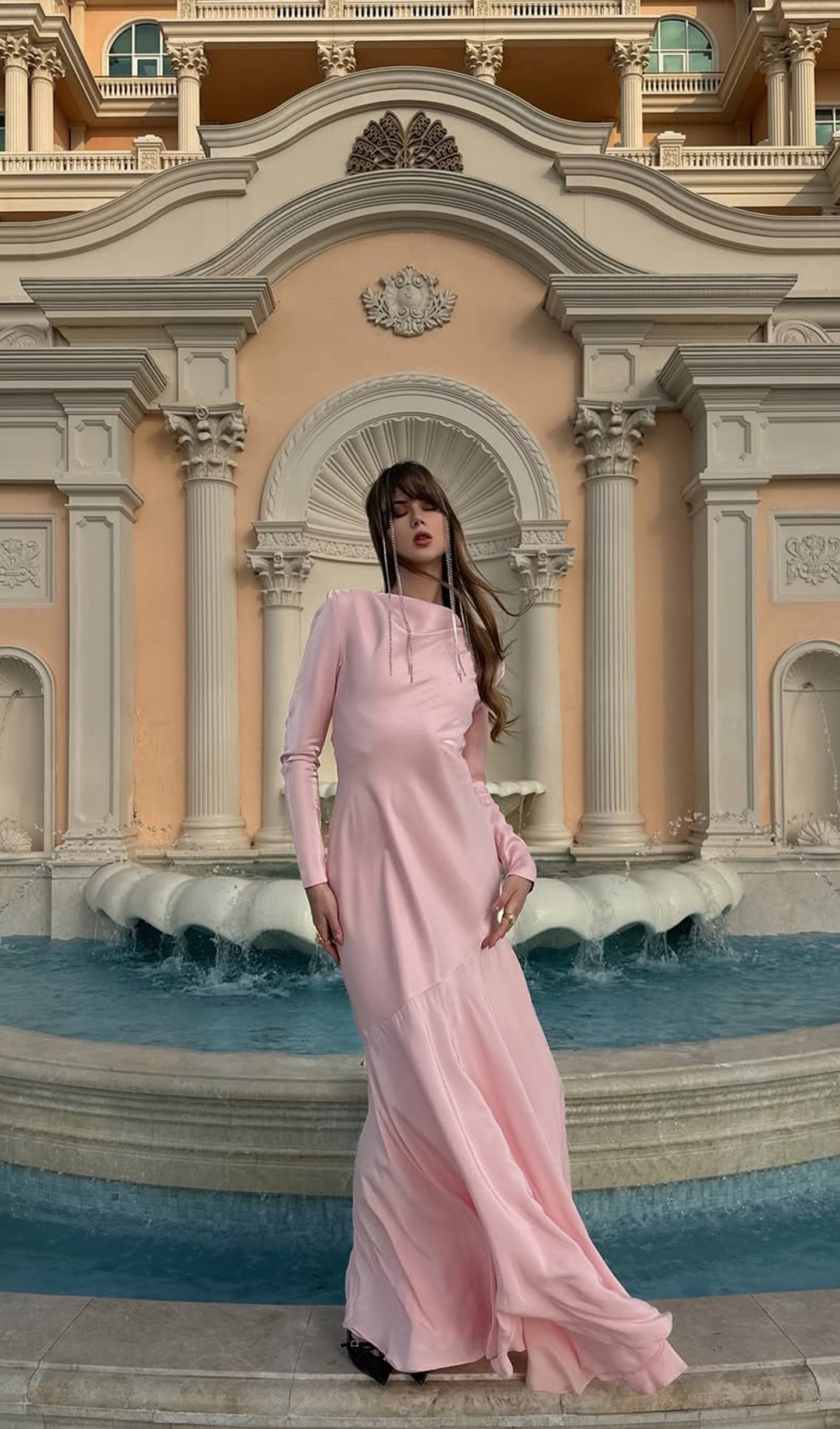 Fitted Satin With Rhinestones Maxi Dress