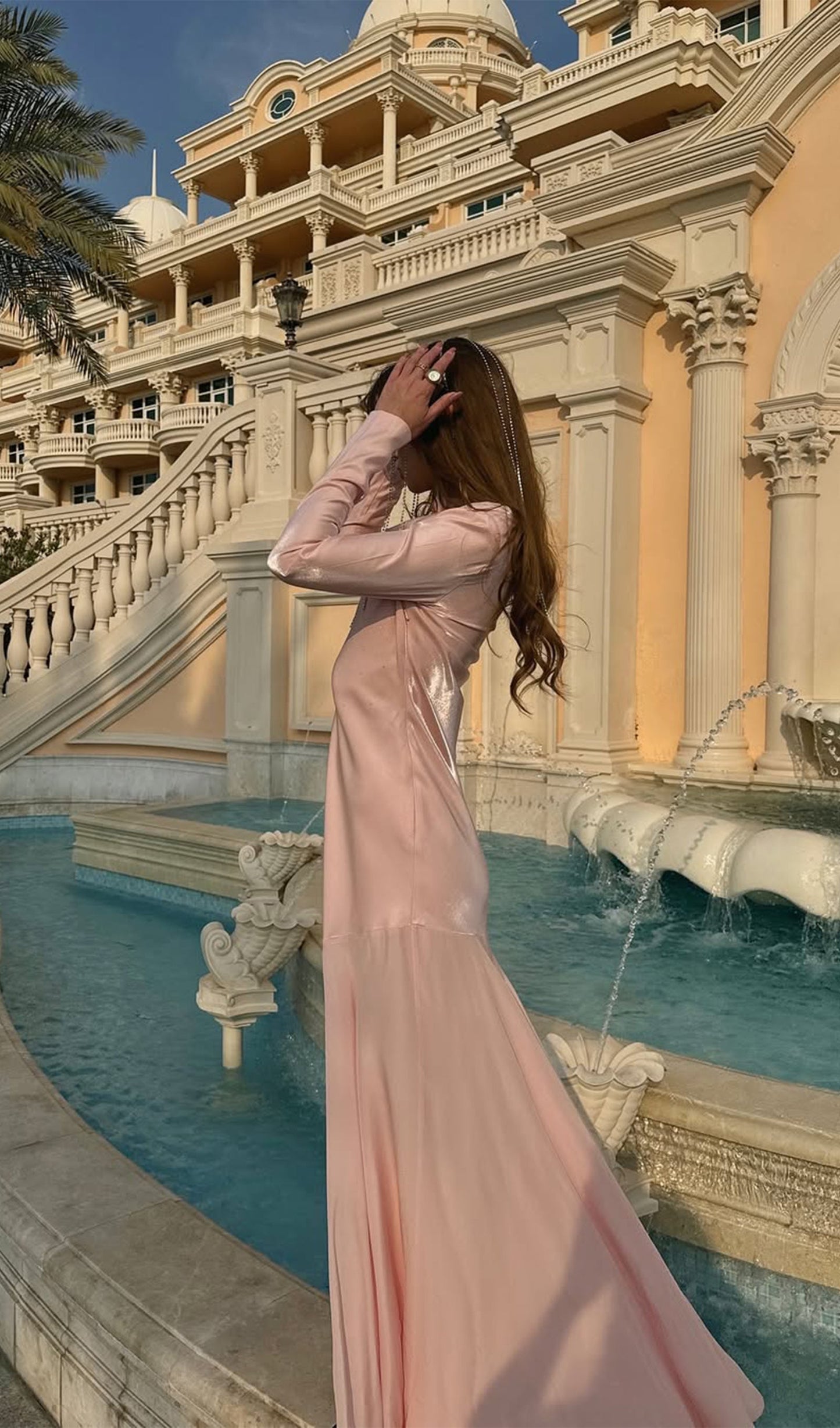 Fitted Satin With Rhinestones Maxi Dress