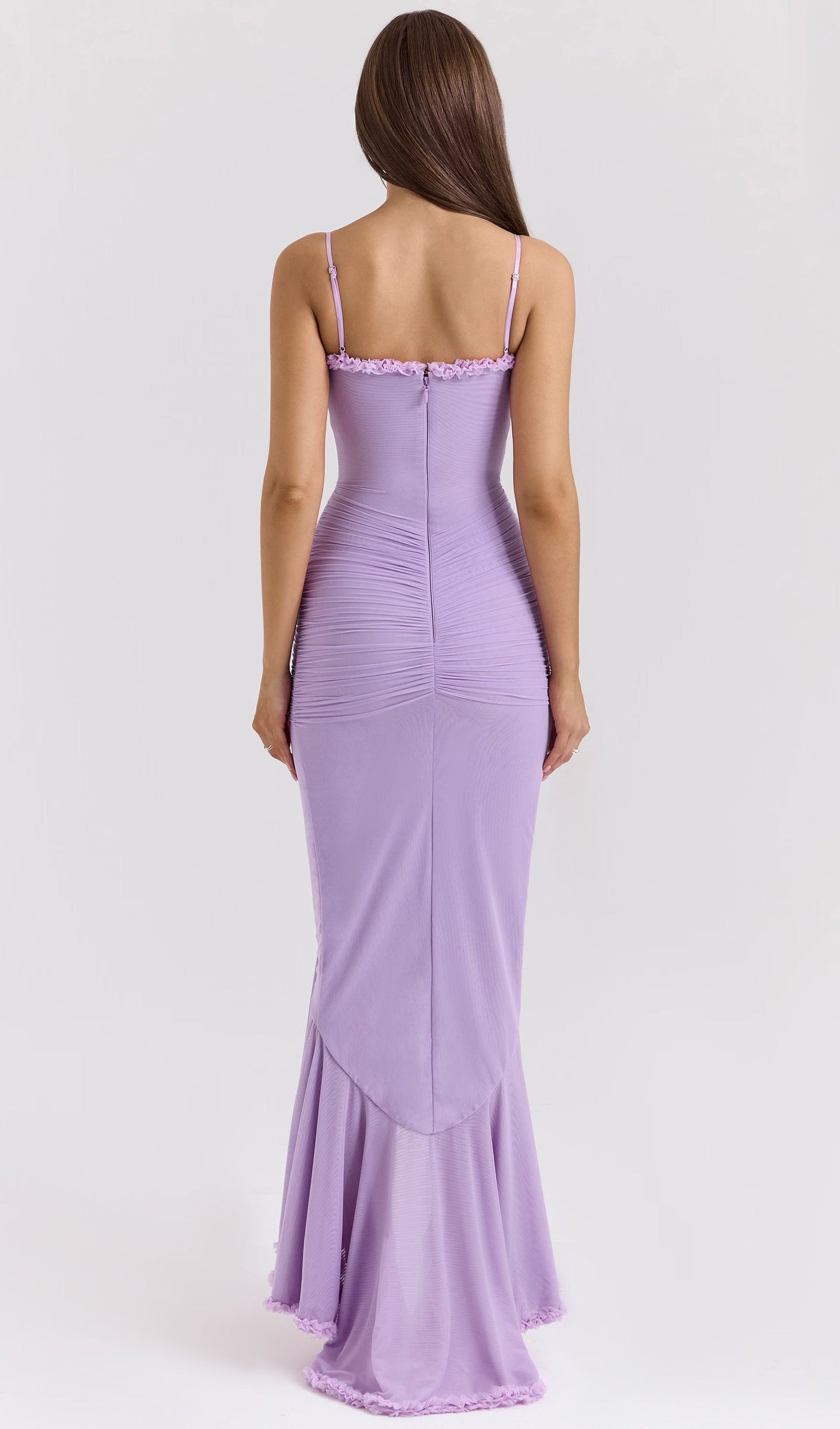 Mesh Ruffled Front Gown Maxi Dress In Taro Purple
